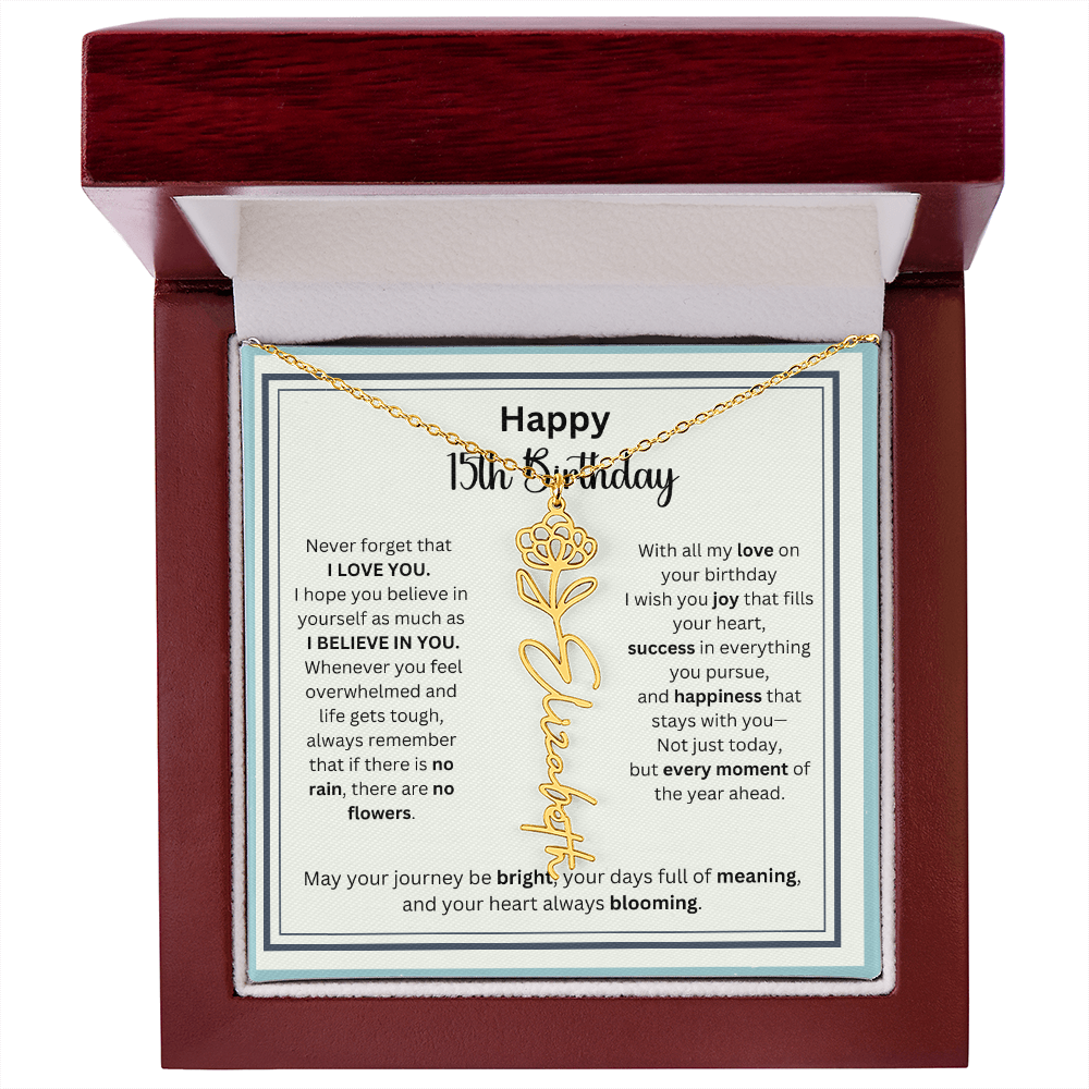 Personalized 15th Birthday Gift for Her - Birth Flower Necklace with Card