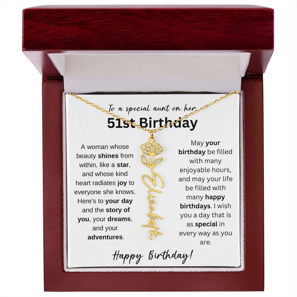 To A Special Aunt Happy 51st Birthday - Flower Name Necklace
