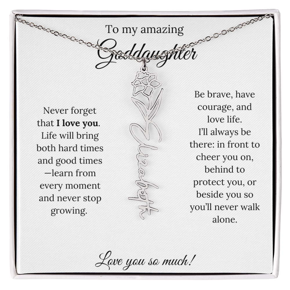 Never Forget I Love You Goddaughter Necklace – Personalized Birth Flower Jewelry + Quote Card Gift for Birthday