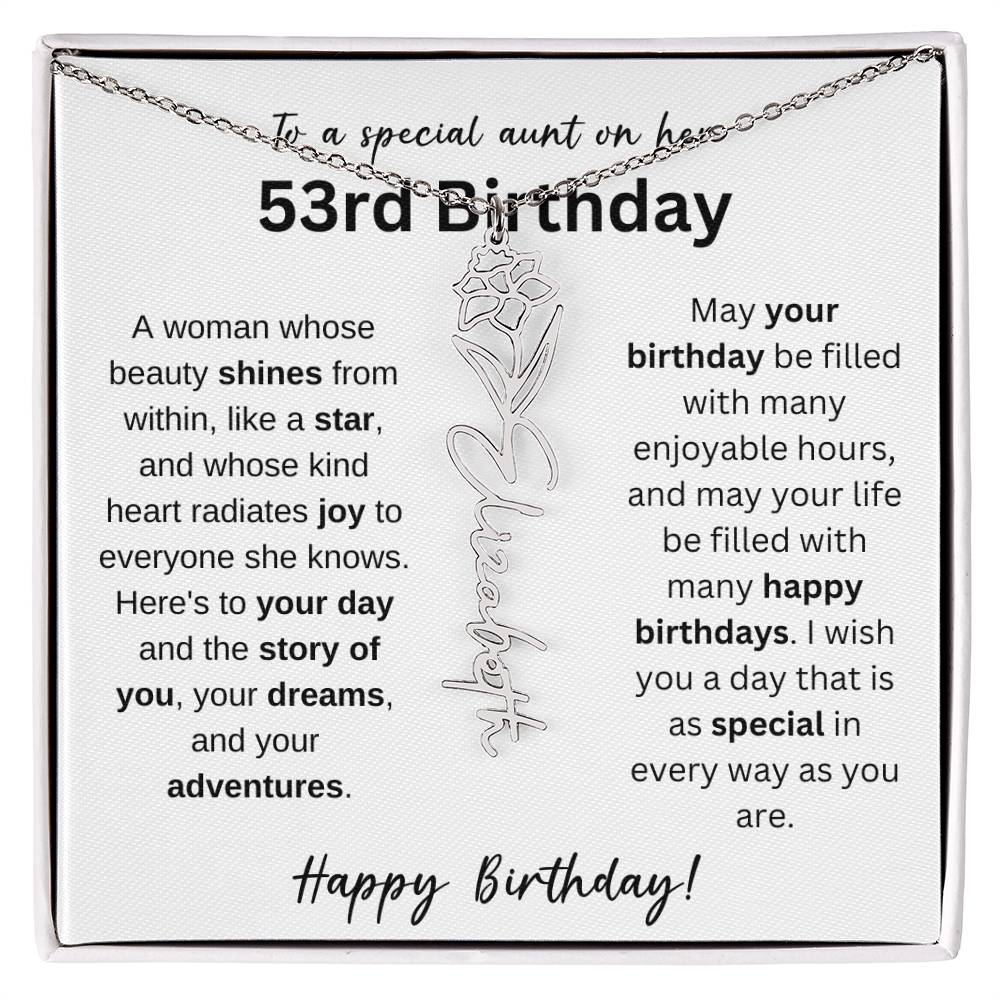 To A Special Aunt Happy 53rd Birthday - Flower Name Necklace