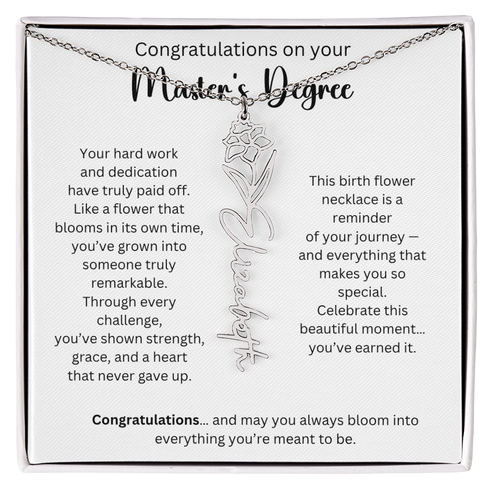 Personalized Masters Graduation Keepsake Gift - Birth Flower Name Necklace