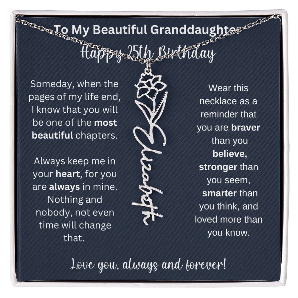 25th Birthday Gift For Granddaughter | Personalized Birth Flower Name Necklace