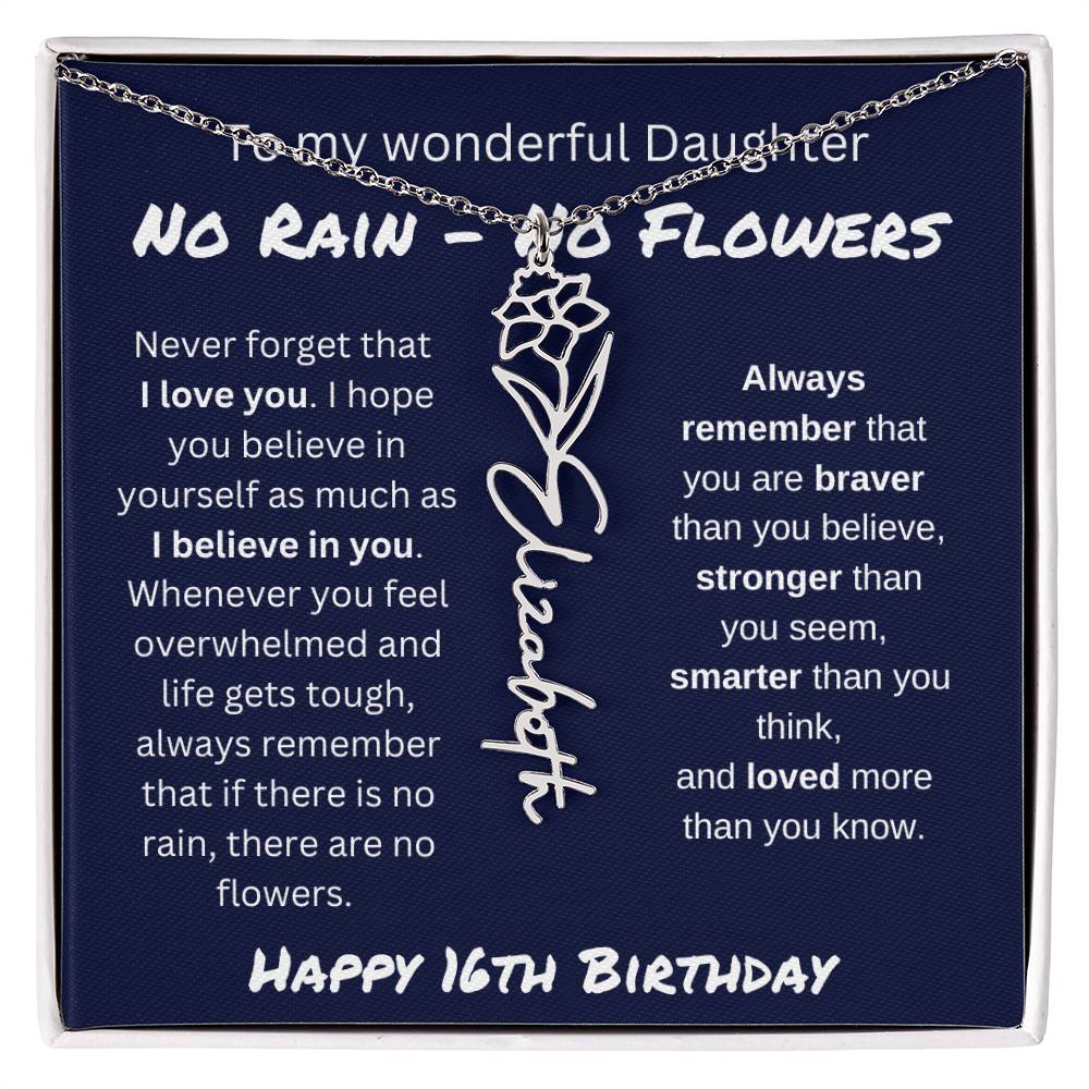 No Rain - No Flower | Happy 16th Birthday | Flower Name Necklace