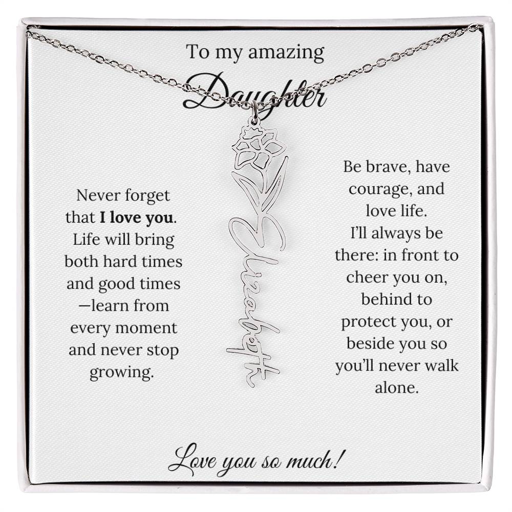 Personalized Daughter Necklace with Birth Flower Name & Inspiring Quote Card