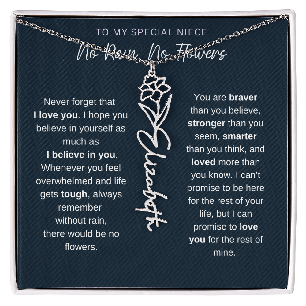 To My Special Niece | No Rain, No Flowers | Birth Flower Name Necklace