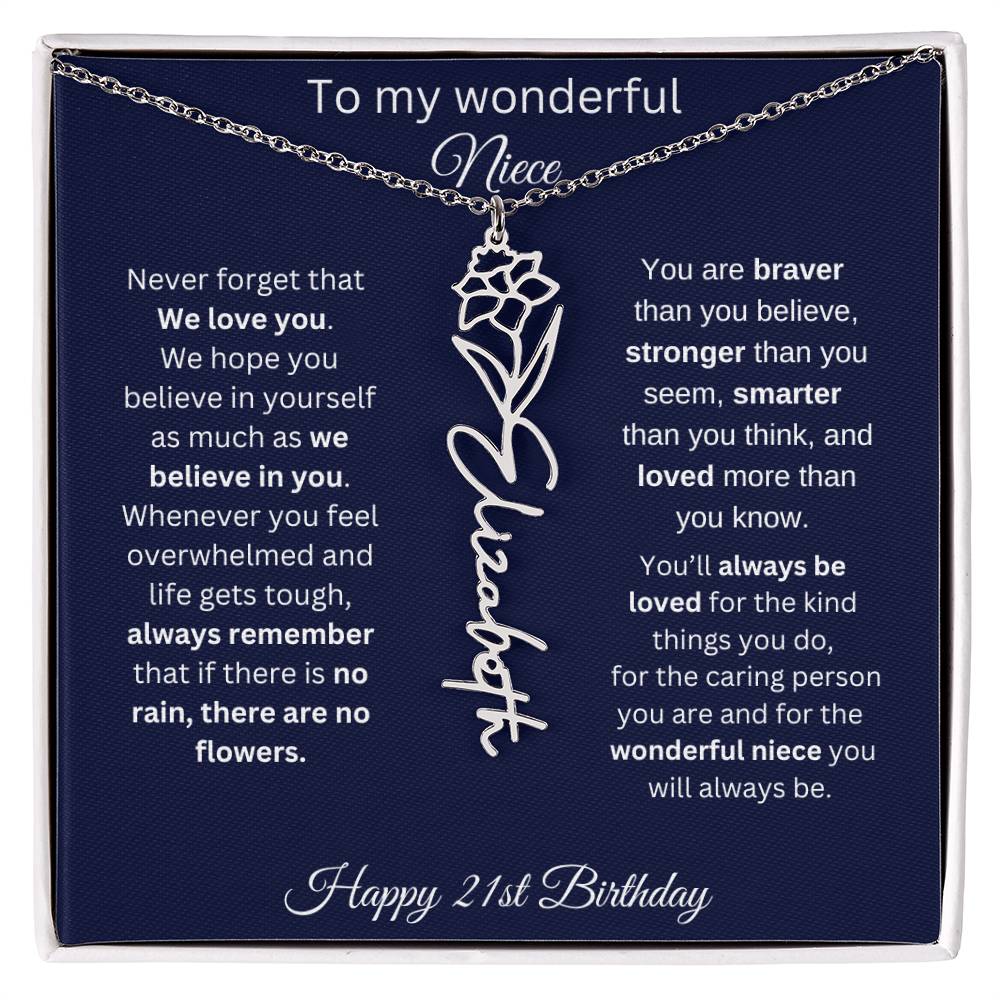 21st Birthday Gift For Niece - Personalized Birthmonth Flower Name Necklace