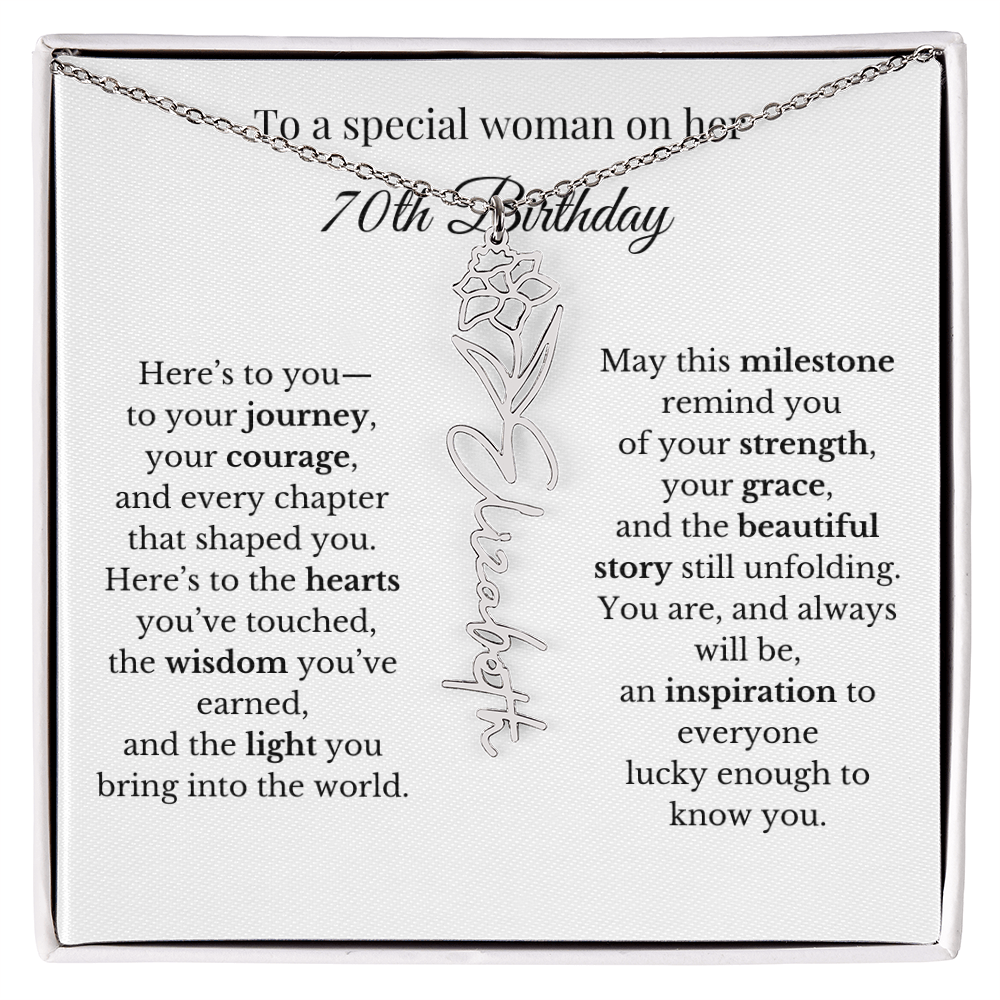 70th Birthday Gift To A Special Woman | Personalized Birth Flower Name Necklace
