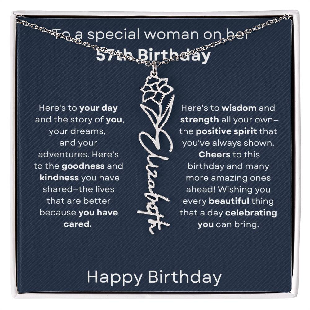 To A Special Woman On Her 57th Birthday - Flower Name Necklace