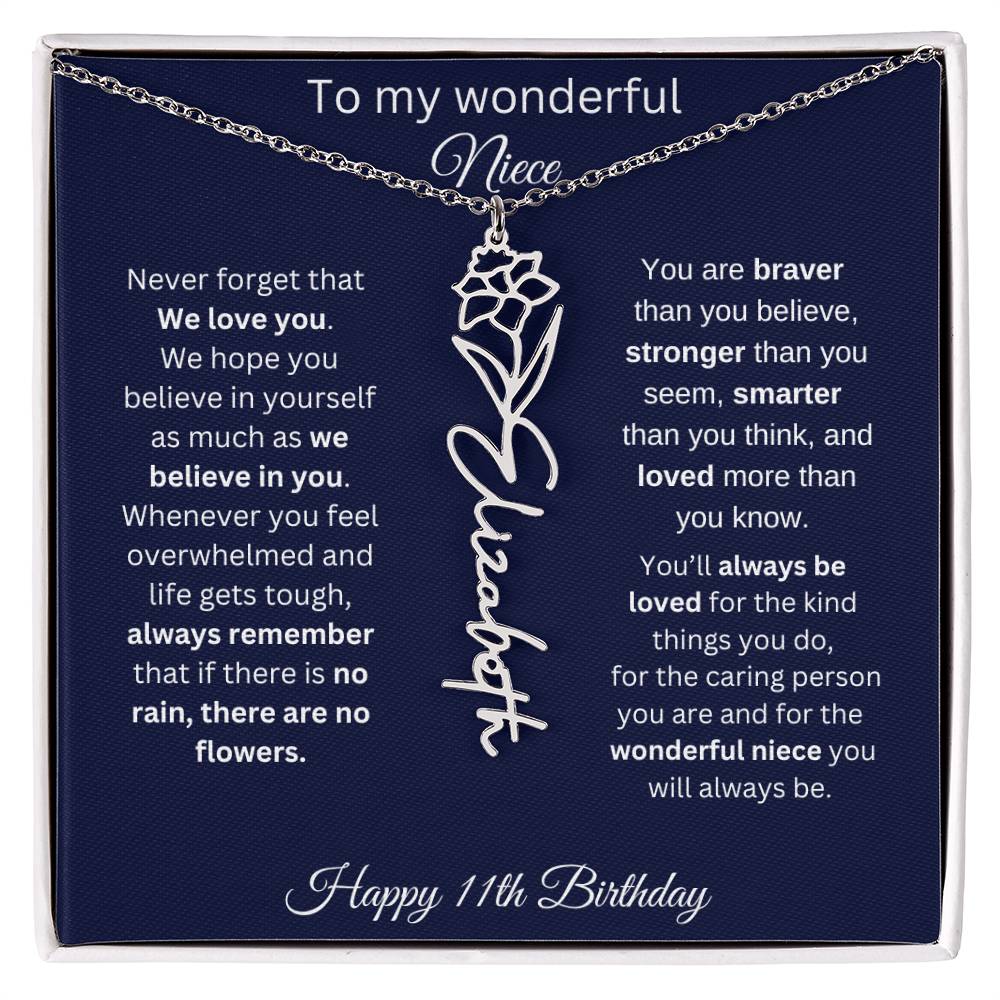 11th Birthday Gift For Niece - Personalized Birthmonth Flower Name Necklace