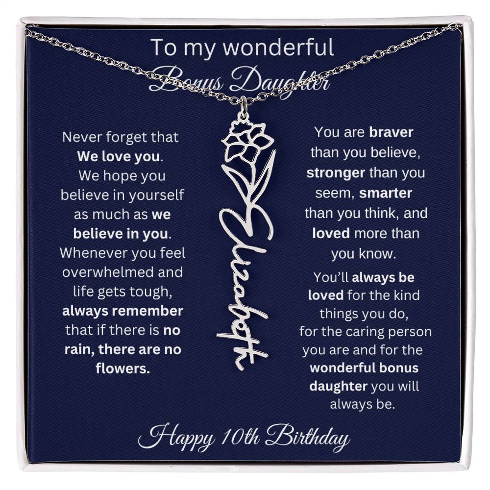 10th Birthday Gift For Bonus Daughter - Personalized Birthmonth Flower Name Necklace