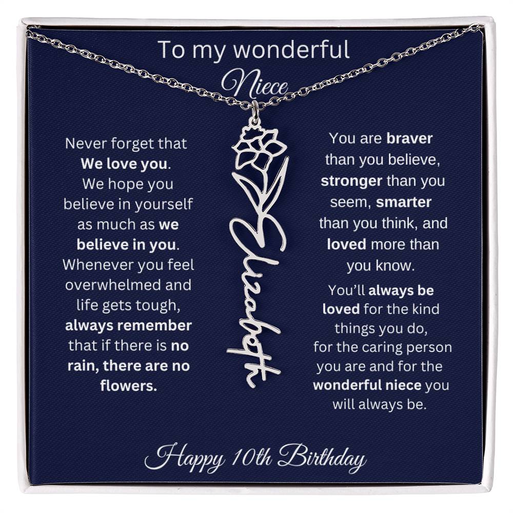 10th Birthday Gift For Niece - Personalized Birthmonth Flower Name Necklace