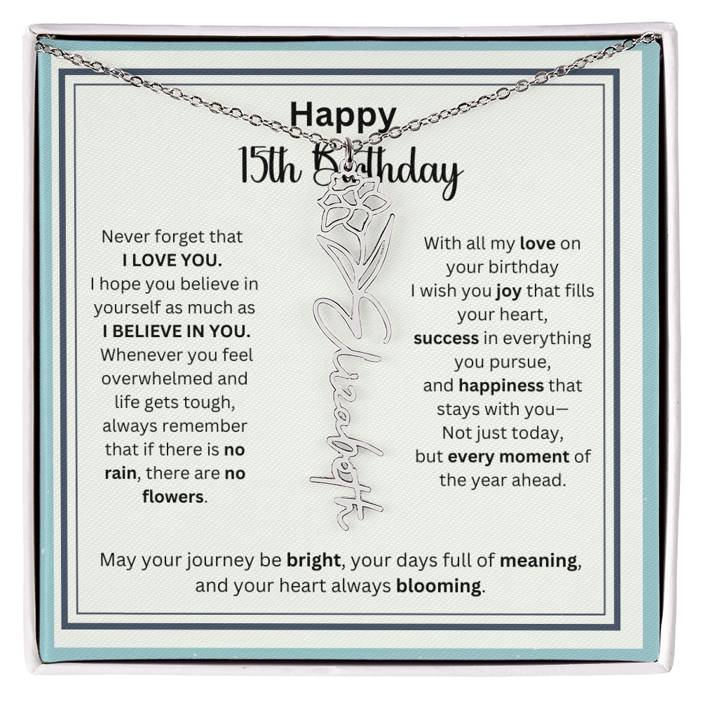 Personalized 15th Birthday Gift for Her - Birth Flower Necklace with Card
