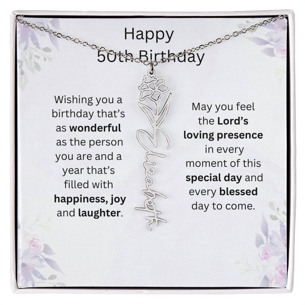 Wishing You Happiness, Joy & Laughter - Happy 50th Birthday | Flower Name Necklace