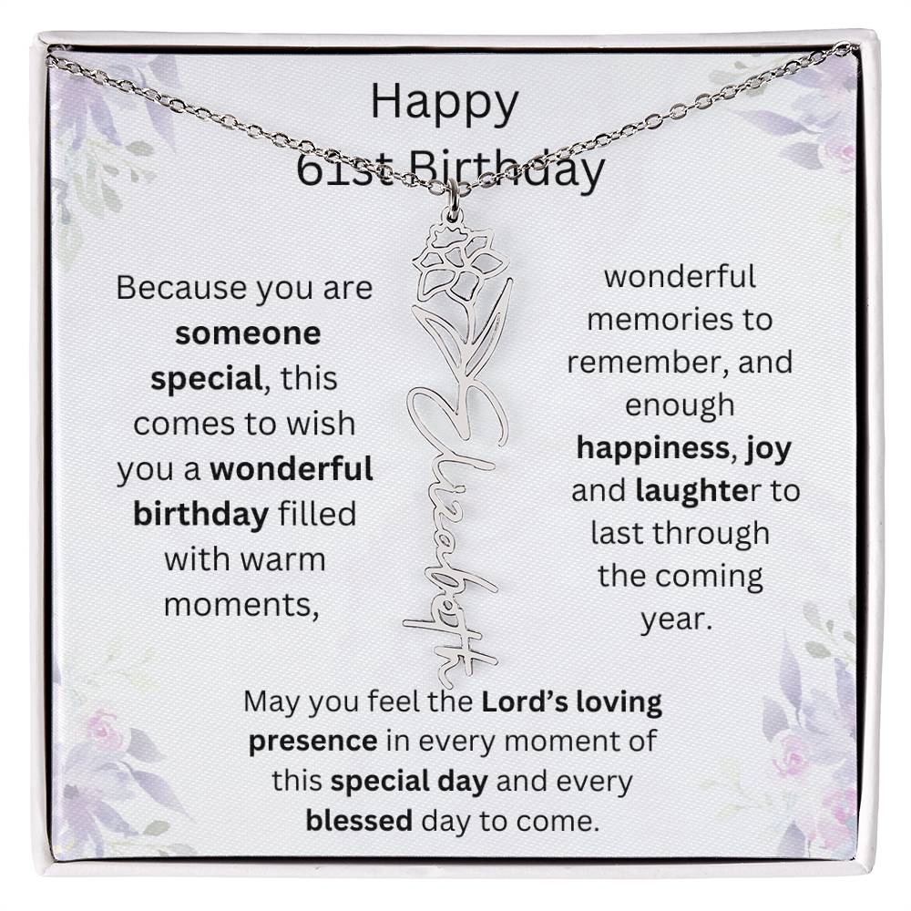 Wishing You Happiness, Joy & Laughter - Happy 61st Birthday | Flower Name Necklace