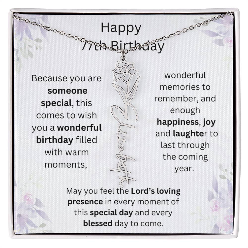 Wishing You Happiness, Joy & Laughter - Happy 77th Birthday | Flower Name Necklace