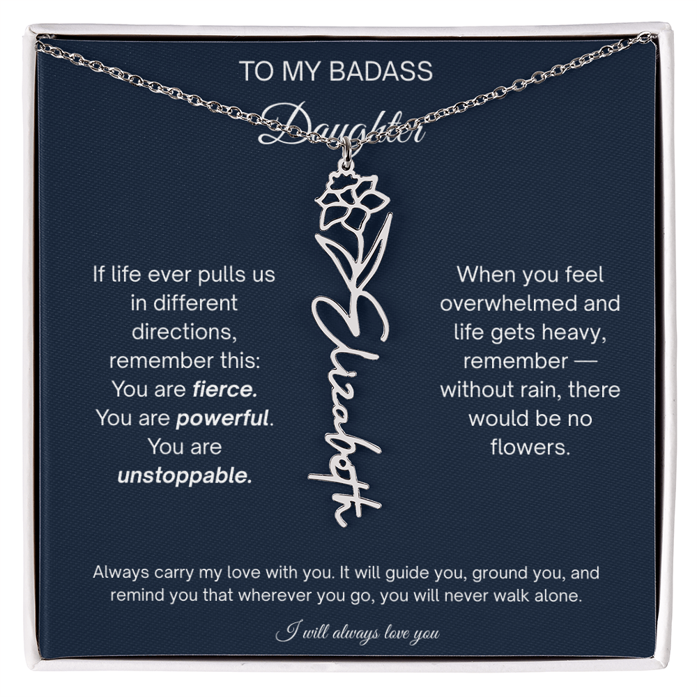 Badass Daughter Personalized Birth Flower Name Necklace