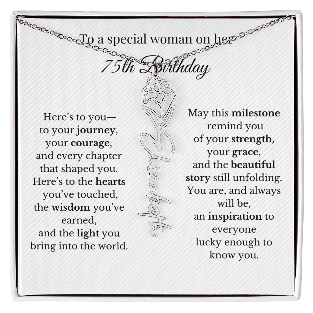 75th Birthday Gift To A Special Woman | Personalized Birth Flower Name Necklace