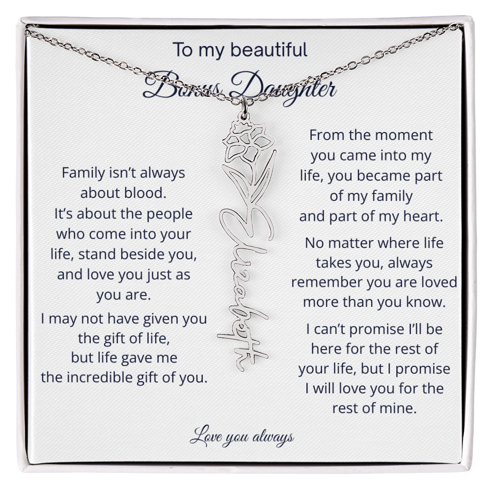Bonus Daughter Jewelry Gift - Personalized Birth Flower Name Necklace