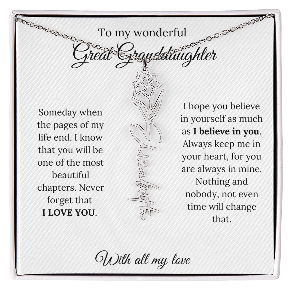Great Granddaughter Birth Flower Name Necklace – “You Are One of the Most Beautiful Chapters” – Custom Keepsake Jewelry Gift
