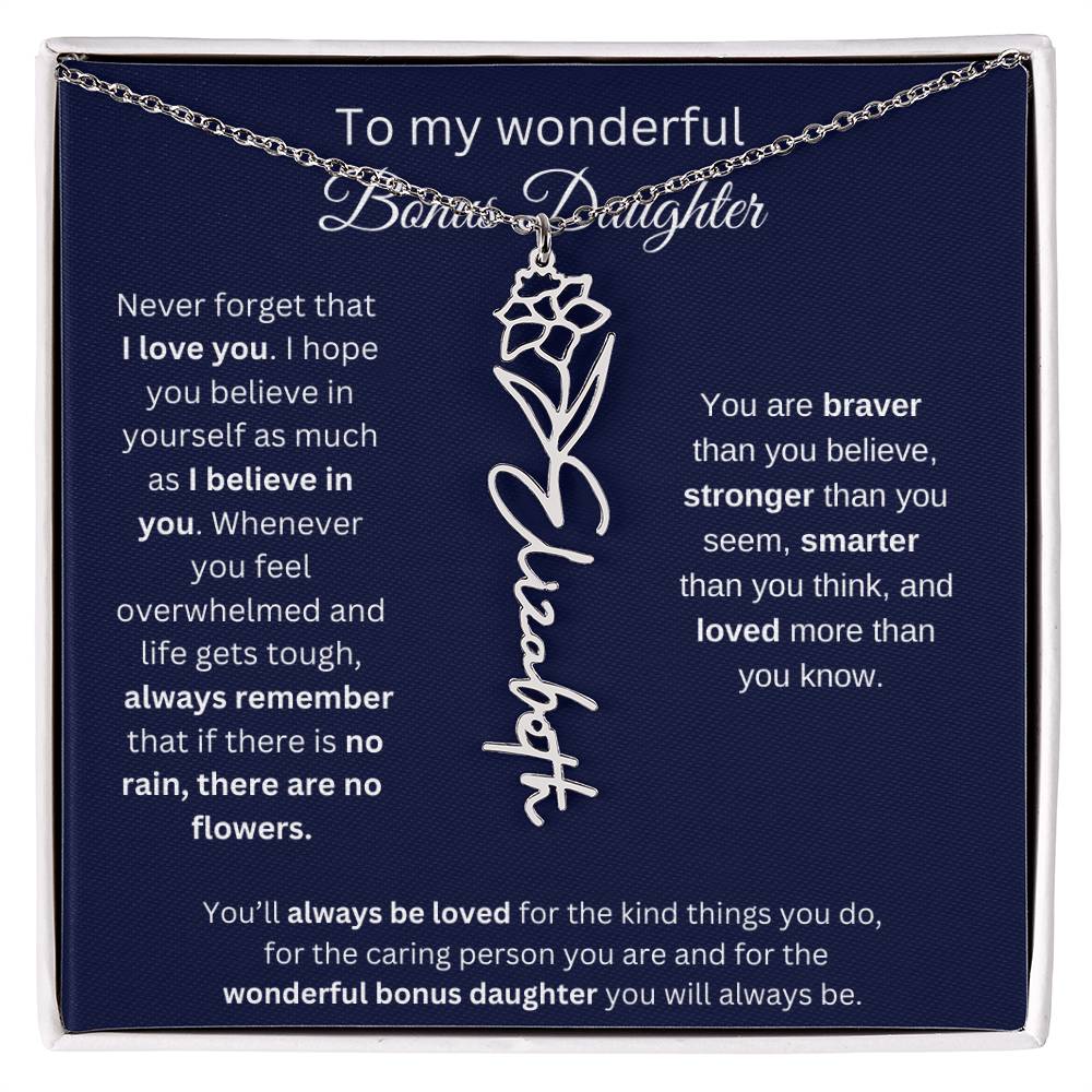 To My Wonderful Bonus Daughter - I Love You - Flower Name Necklace