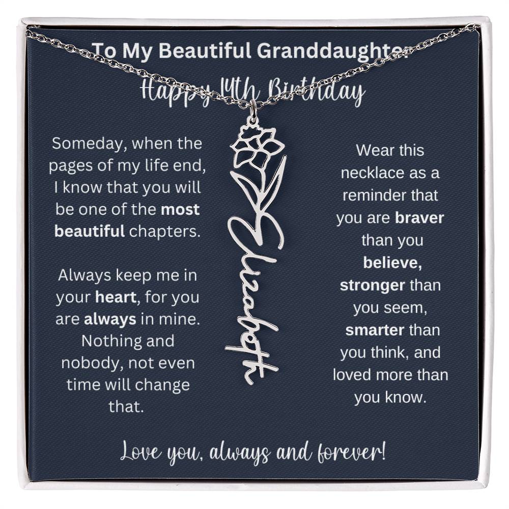 14th Birthday Gift For Granddaughter | Personalized Birth Flower Name Necklace