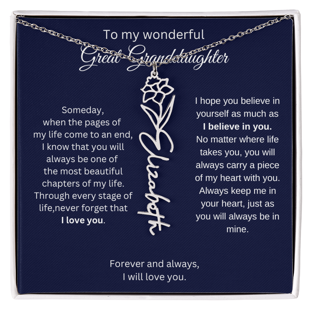Great Granddaughter Jewelry Gift - Birth Flower Name Necklace