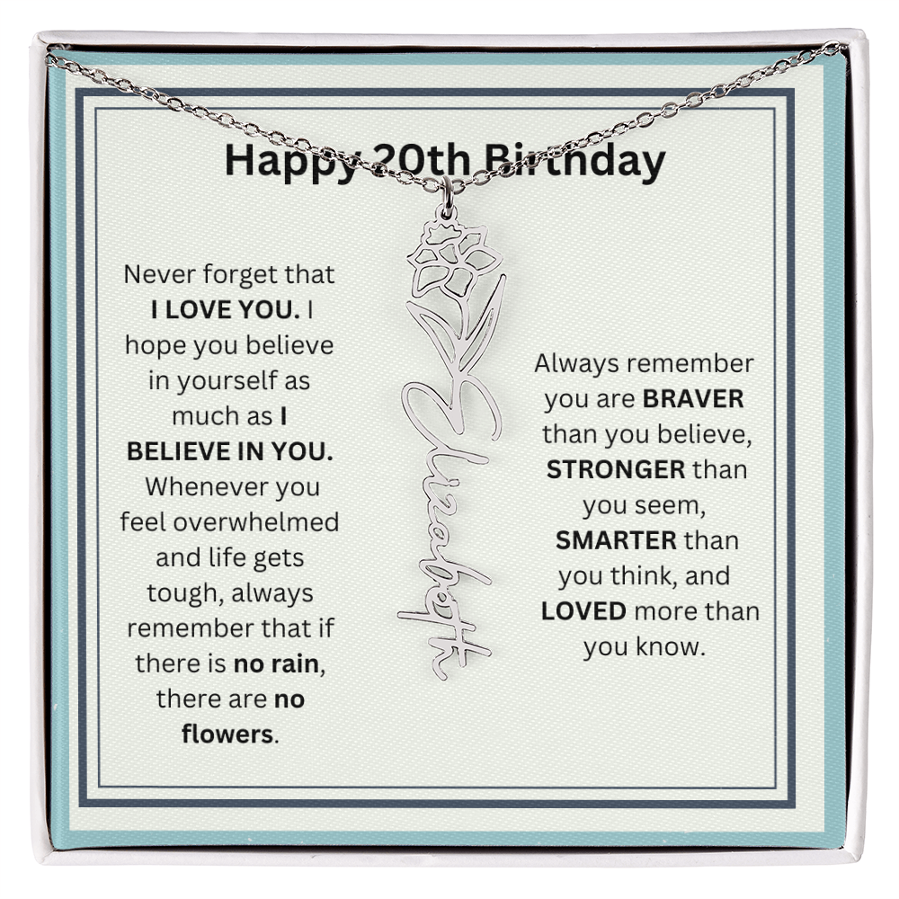 Personalized 20th Birthday Flower Name Necklace Gift