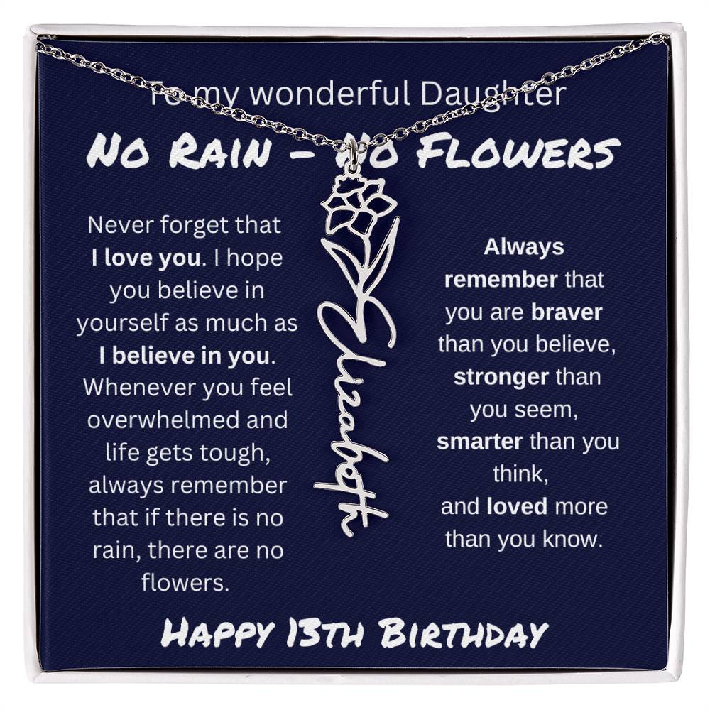 No Rain - No Flower | Happy 13th Birthday | Flower Name Necklace