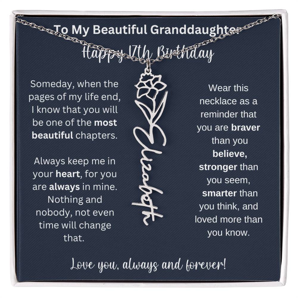 17th Birthday Gift For Granddaughter | Personalized Birth Flower Name Necklace