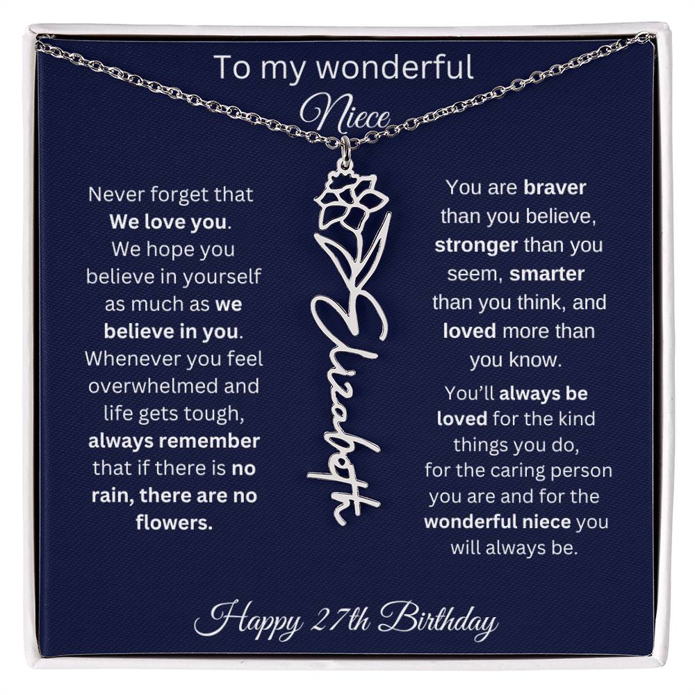 27th Birthday Gift For Niece - Personalized Birthmonth Flower Name Necklace