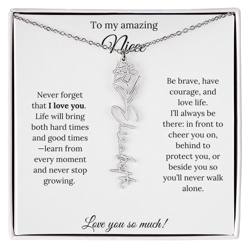 Niece Gift – Birth Flower Name Necklace + Inspiring Message Card