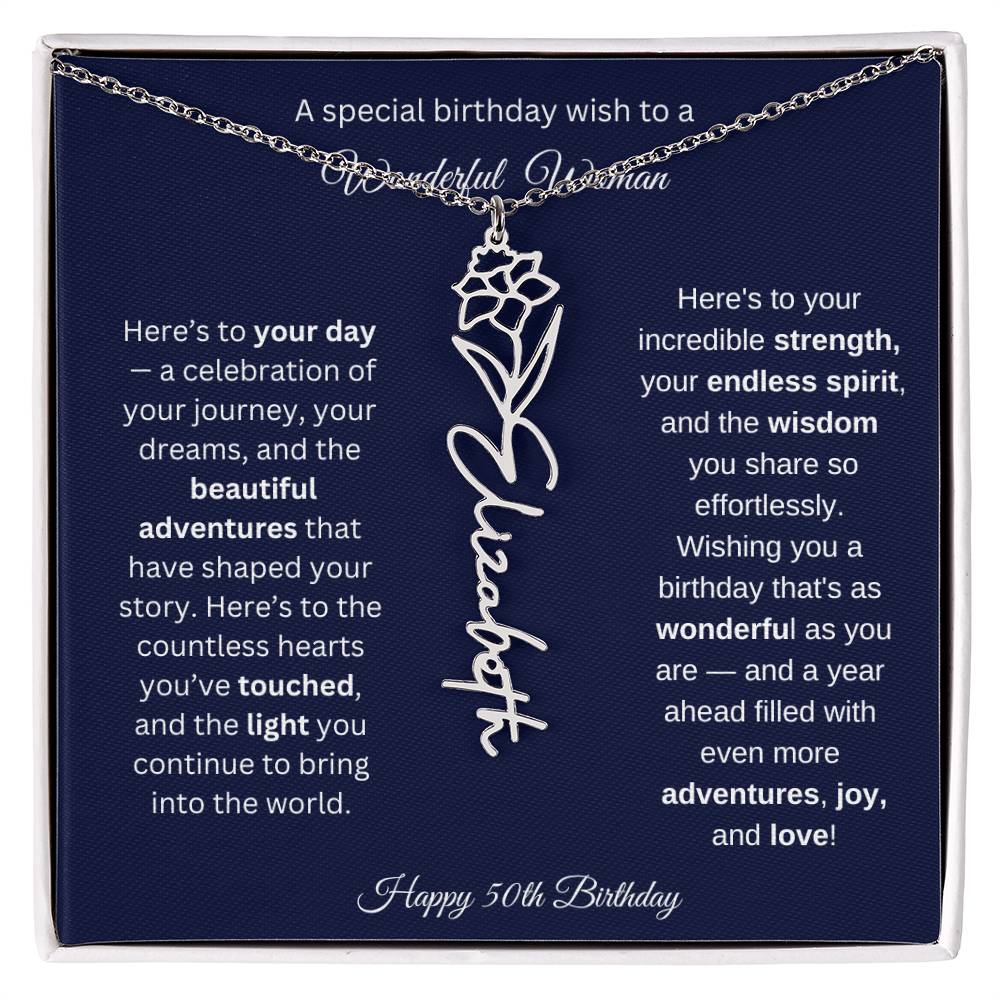 Happy 50th Birthday - Personalized Birth Flower Name Necklace with Message Card