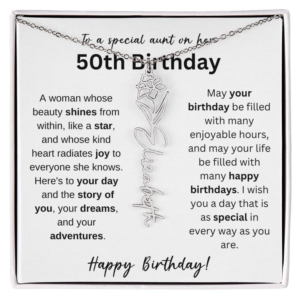 To A Special Aunt Happy 50th Birthday - Flower Name Necklace