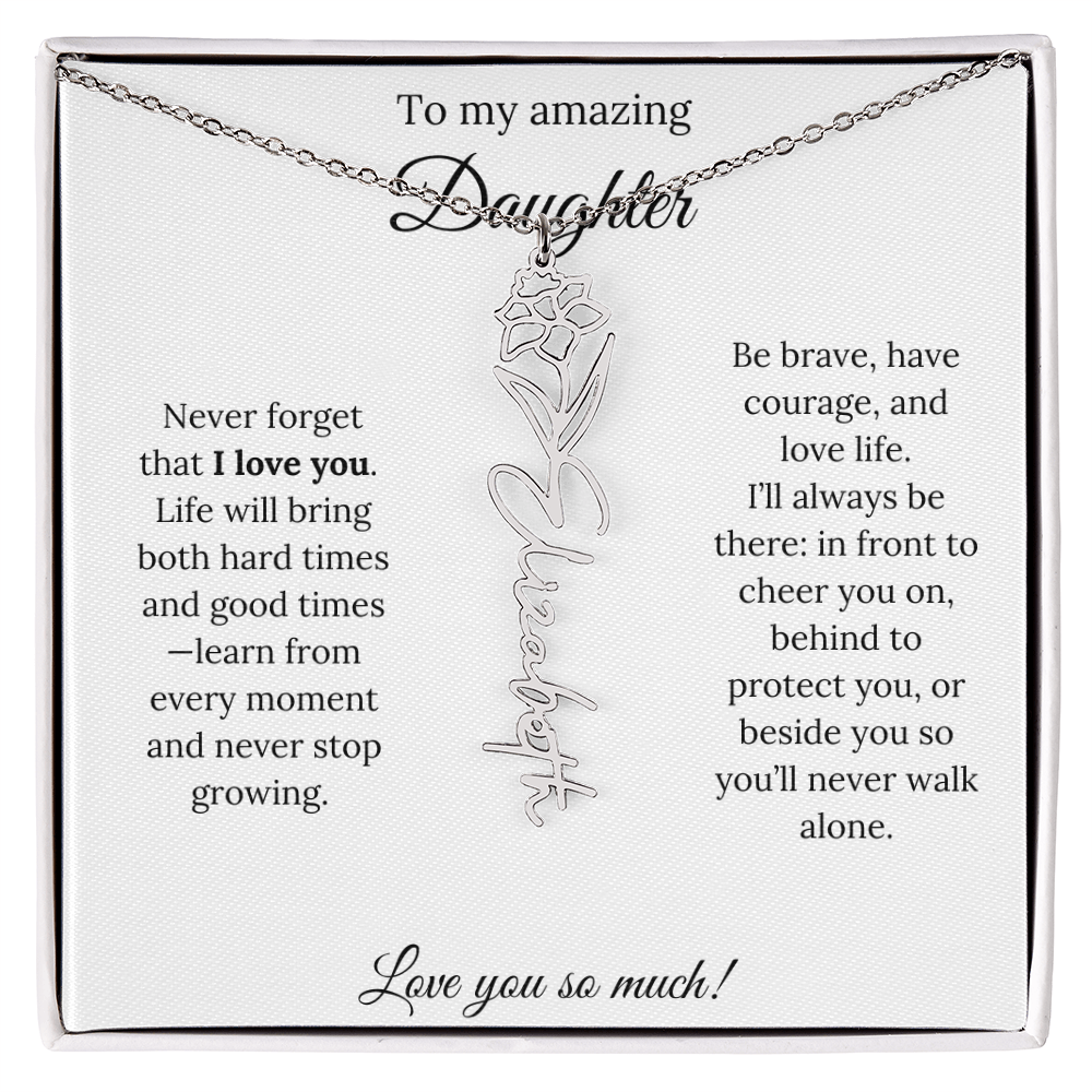 Personalized Daughter Necklace with Birth Flower Name & Inspiring Quote Card