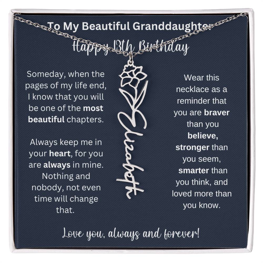13th Birthday Gift For Granddaughter | Personalized Birth Flower Name Necklace