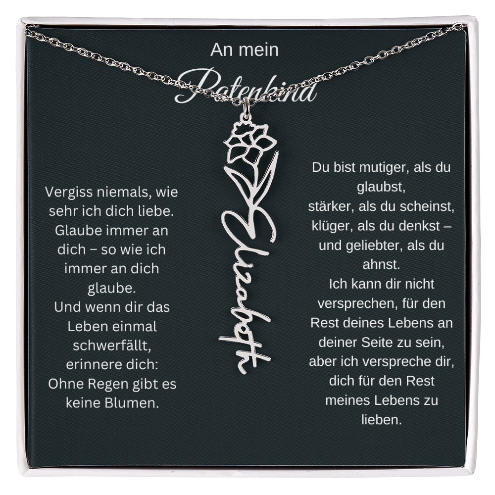 An mein Patenkind Geburtsblume Namenskette Silber Gold personalisierte Gravur