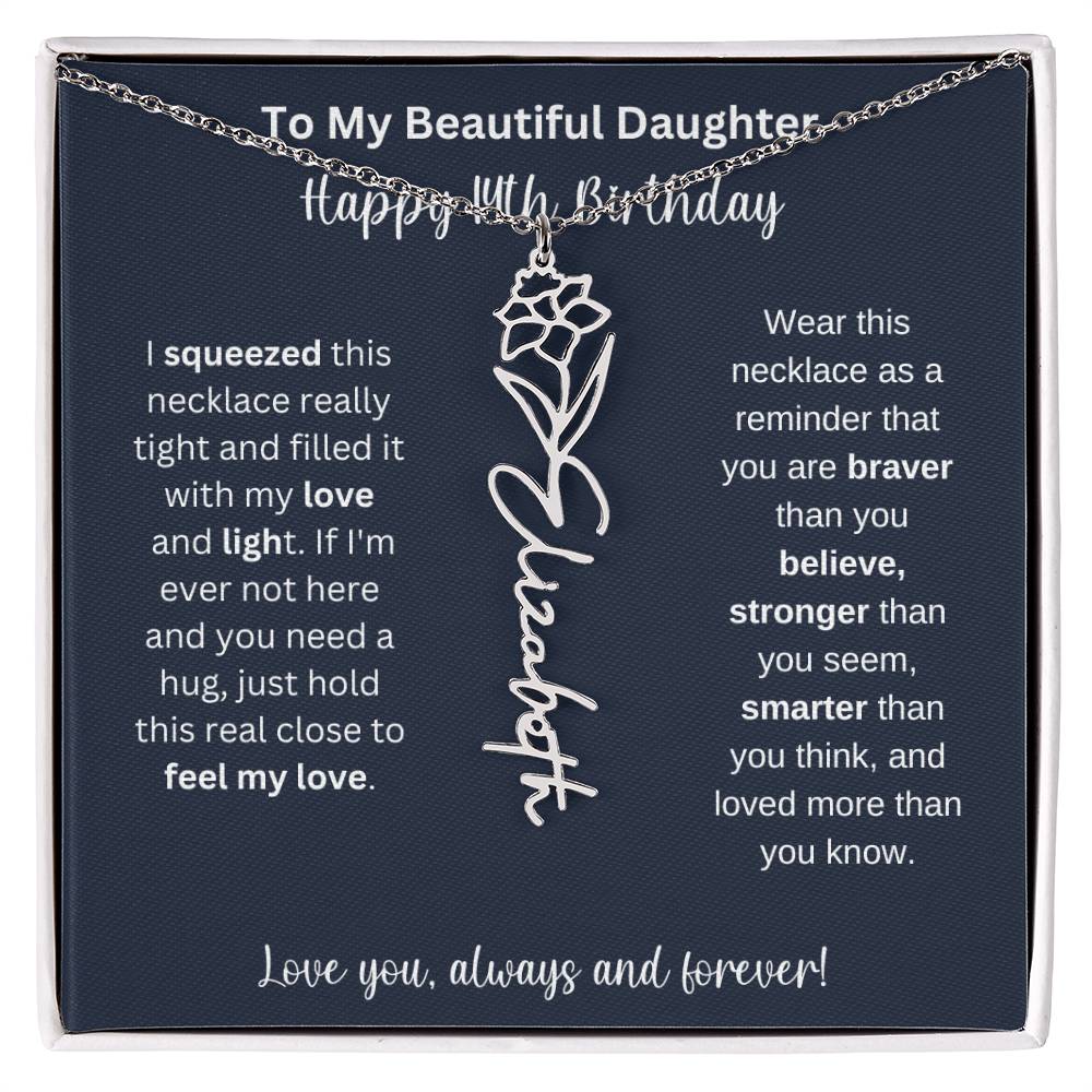 14th Birthday Gift For My Beautiful Daughter | Personalized Flower Name Necklace