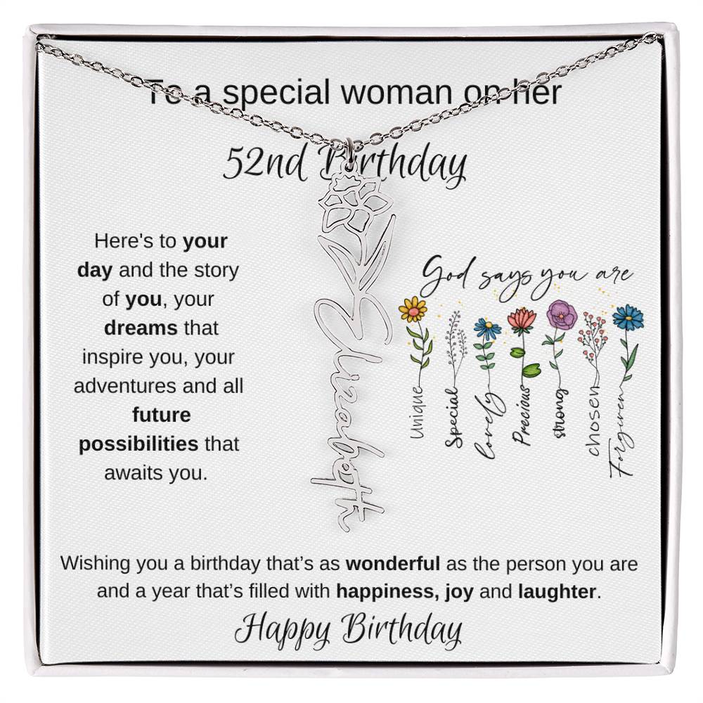To A Special Woman On Her 52nd Birthday - Flower Name Necklace