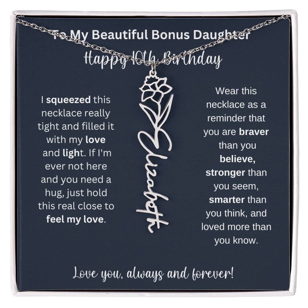 To My Beautiful Bonus Daughter | Happy 10th Birthday | Flower Name Necklace