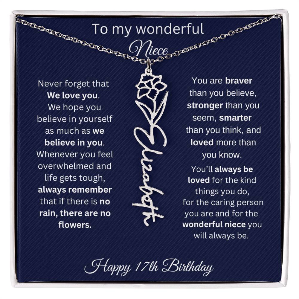 17th Birthday Gift For Niece - Personalized Birthmonth Flower Name Necklace