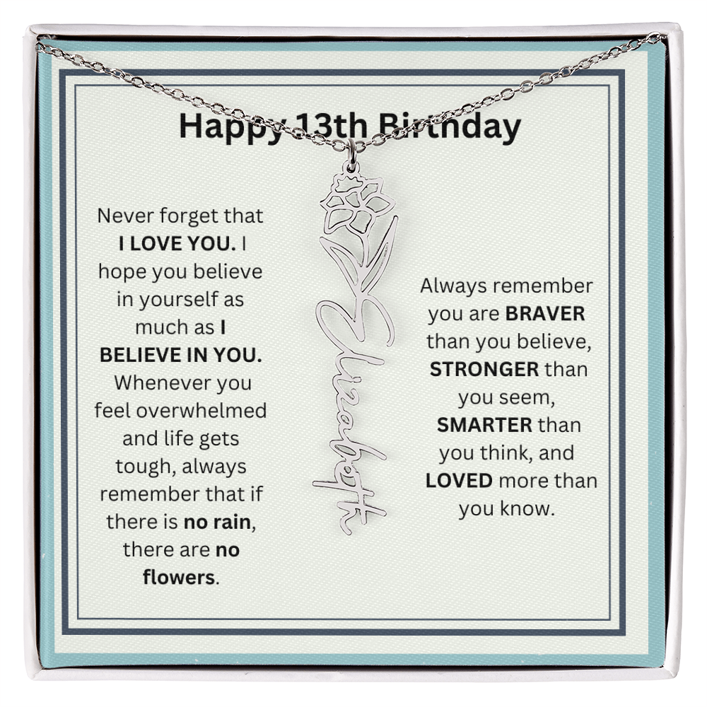 Personalized 13th Birthday Flower Name Necklace Gift