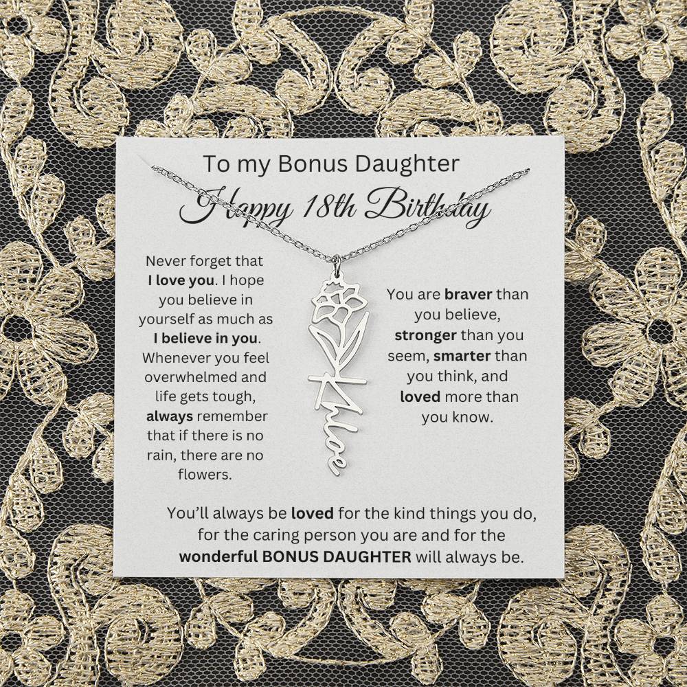 To My Bonus Daughter | Happy 18th Birthday | Flower Name Necklace