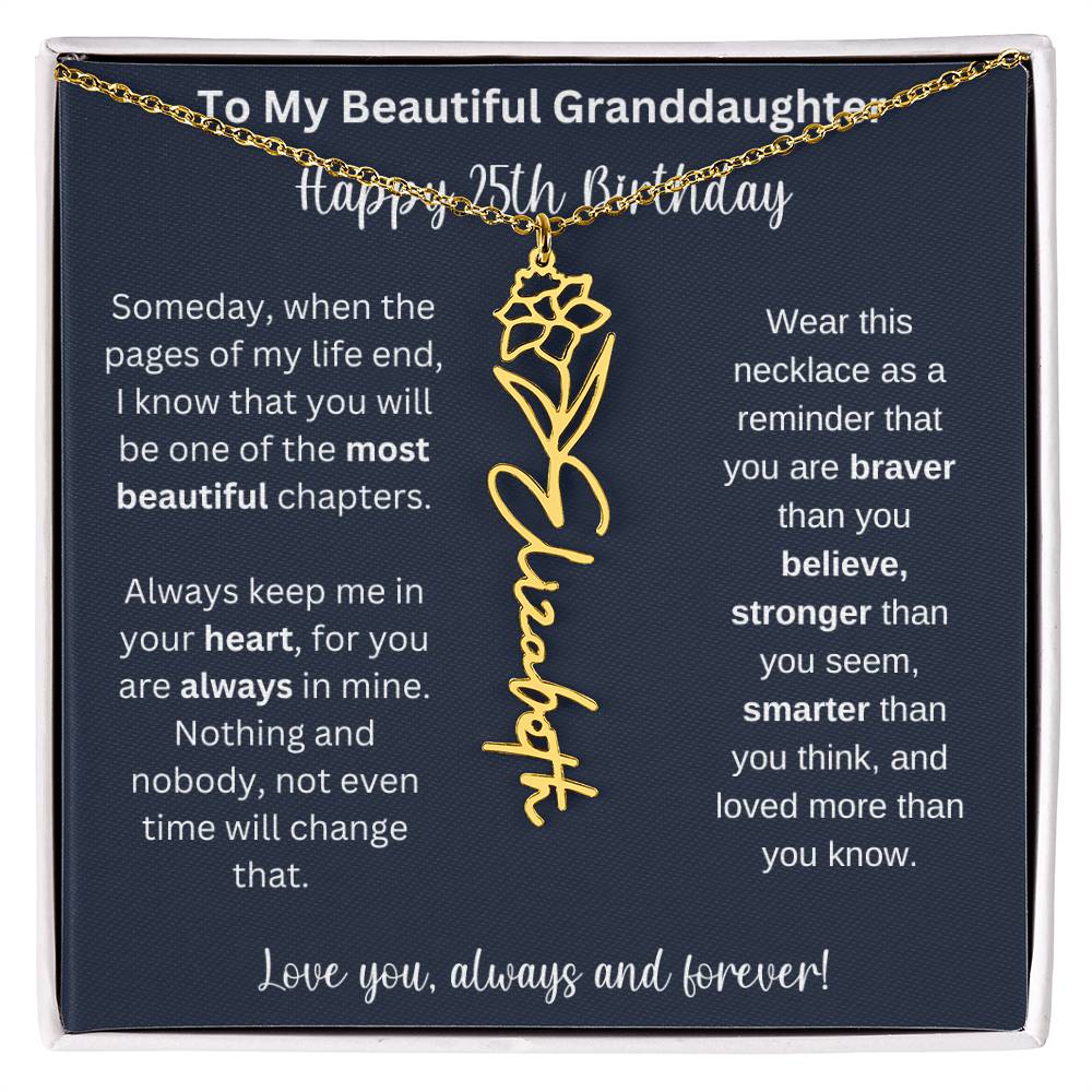25th Birthday Gift For Granddaughter | Personalized Birth Flower Name Necklace