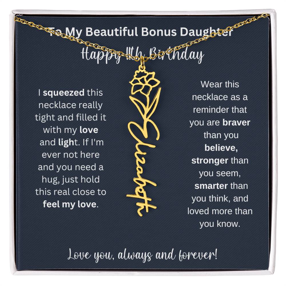 To My Beautiful Bonus Daughter | Happy 11th Birthday | Flower Name Necklace
