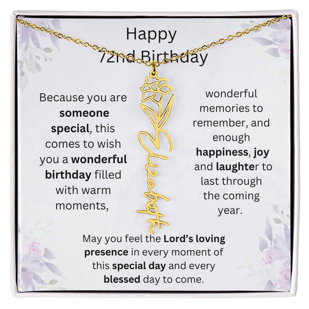 Wishing You Happiness, Joy & Laughter - Happy 72nd Birthday | Flower Name Necklace