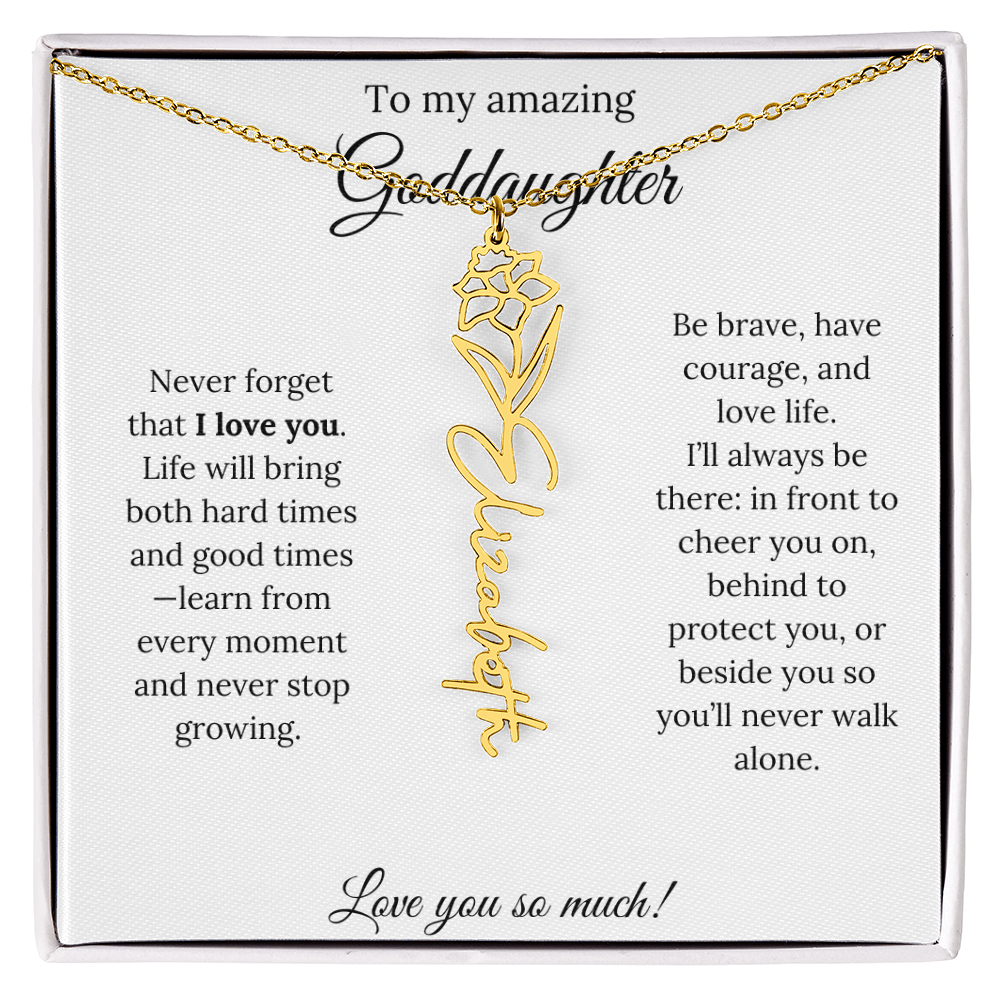 Never Forget I Love You Goddaughter Necklace – Personalized Birth Flower Jewelry + Quote Card Gift for Birthday