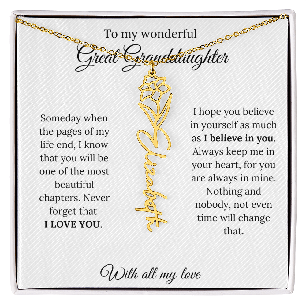 Great Granddaughter Birth Flower Name Necklace – “You Are One of the Most Beautiful Chapters” – Custom Keepsake Jewelry Gift