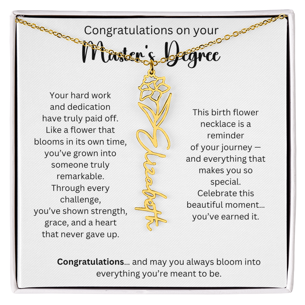 Personalized Masters Graduation Keepsake Gift - Birth Flower Name Necklace