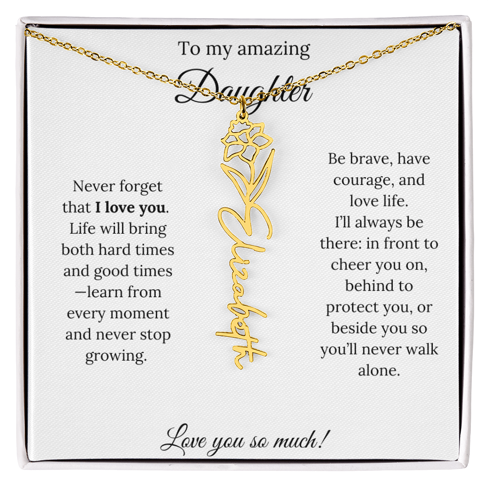 Personalized Daughter Necklace with Birth Flower Name & Inspiring Quote Card
