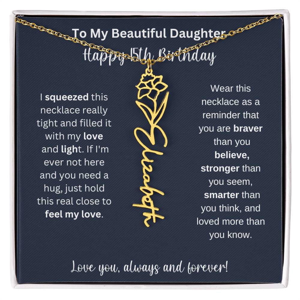 15th Birthday Gift For My Beautiful Daughter | Personalized Flower Name Necklace